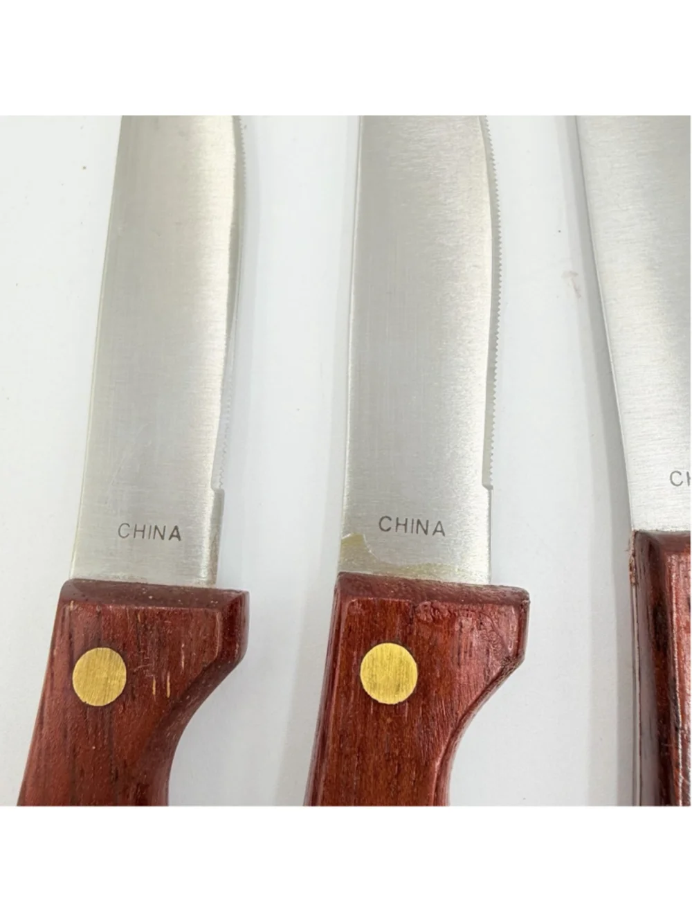 REVERE WARE 1801 Set of 8 STEAK KNIVES Serrated Stainless Wood Handles 9”